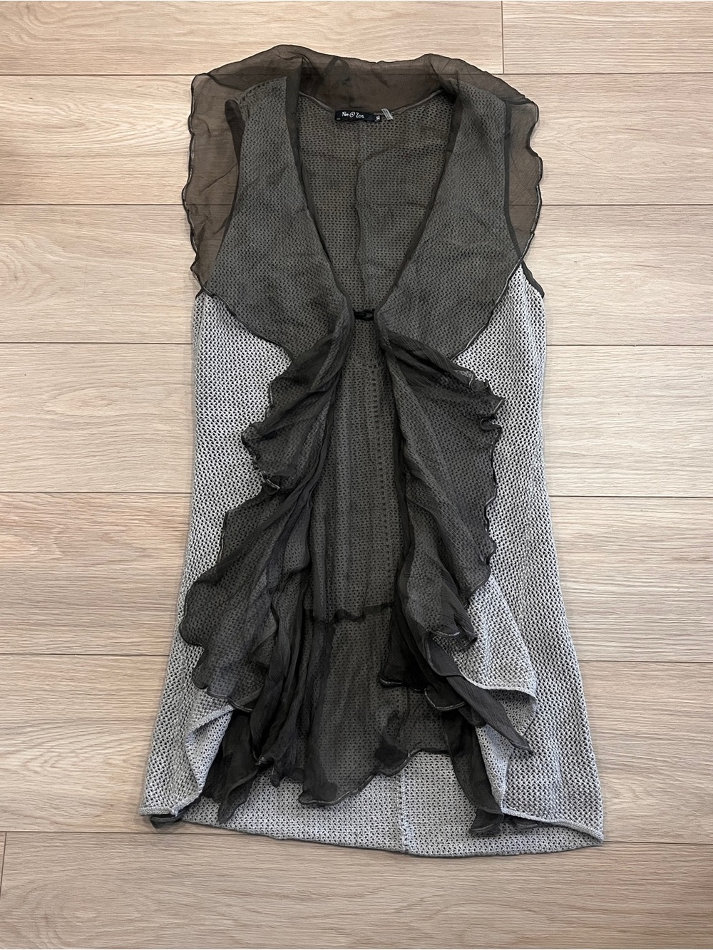 Vintage Silk Ruffle Open Knit Vest Grey Whimsigoth Fairy Grunge XL